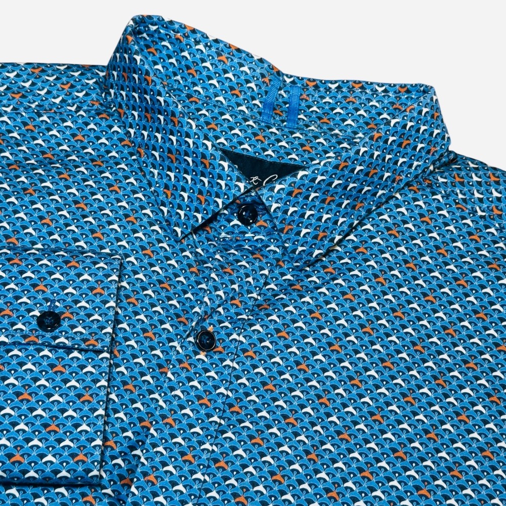 Robert Graham Modern Americana Blue Geometric Fan Print Shirt Tailored Mens‎ 2XL